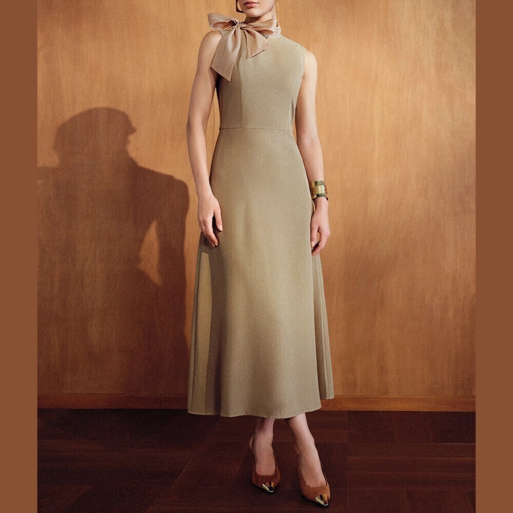 Tan Sleeveless Neck Bow Detail Stand Collar A-Line Maxi Dress